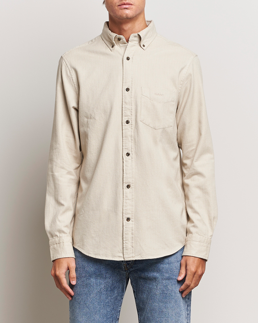 Herr | Flanellskjortor | GANT | Regular Fit Herringbone Flannel Shirt Cold Beige