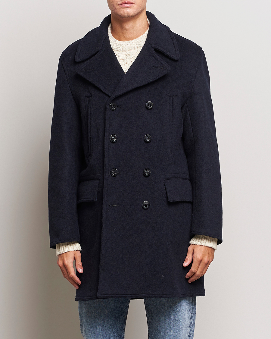 Herr | Dressade jackor | Gloverall | Churchill Long Reefer Peacoat Navy Royal