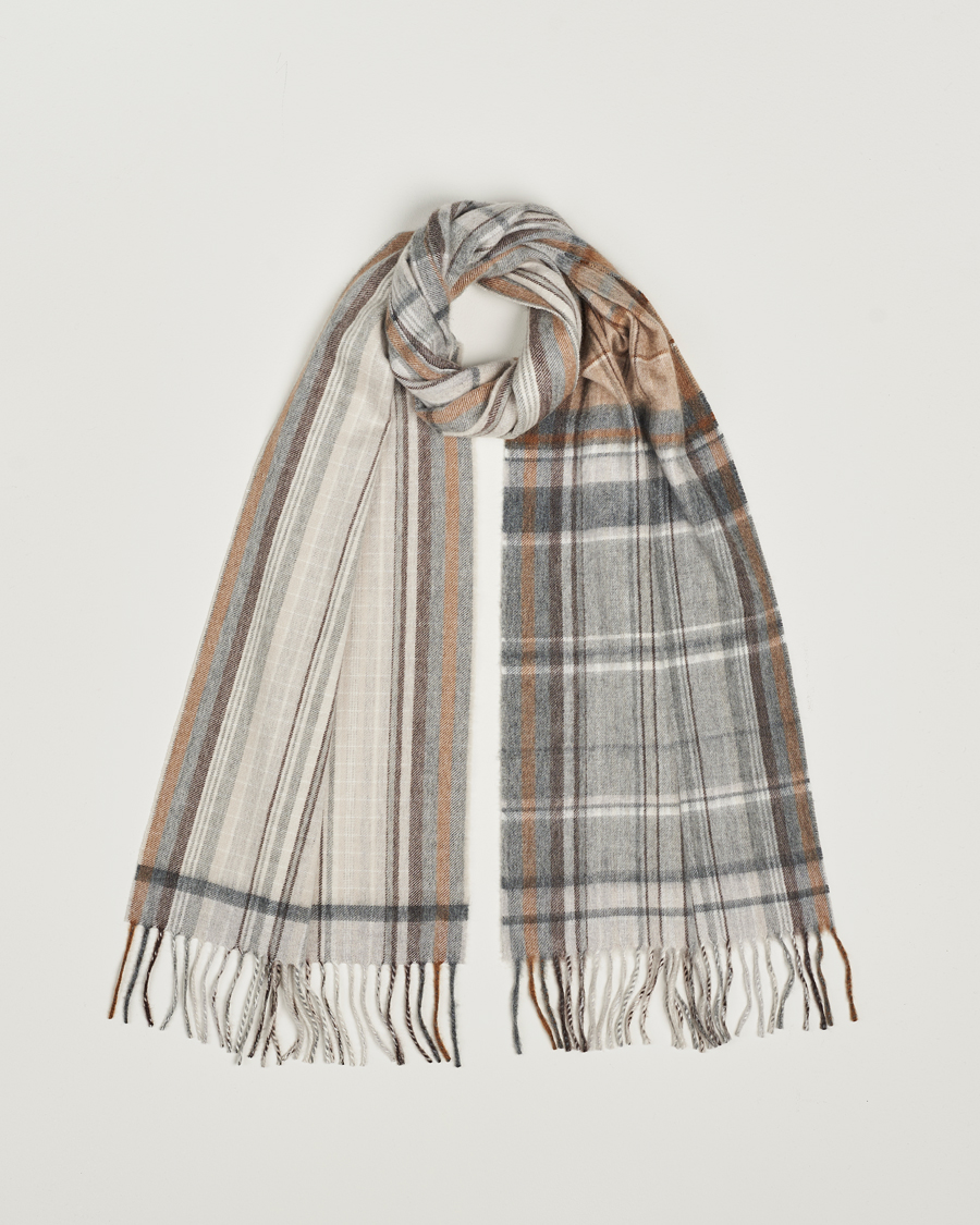 Herr | Begg & Co Striped/Checked Cashmere Scarf 36*183cm Natural Grey | Begg & Co | Striped/Checked Cashmere Scarf 36*183cm Natural Grey