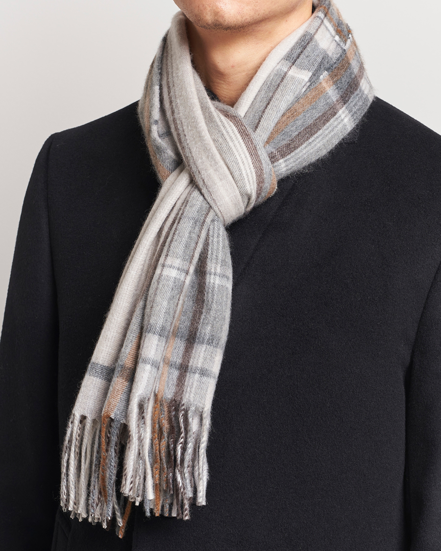 Herr |  | Begg & Co | Striped/Checked Cashmere Scarf 36*183cm Natural Grey