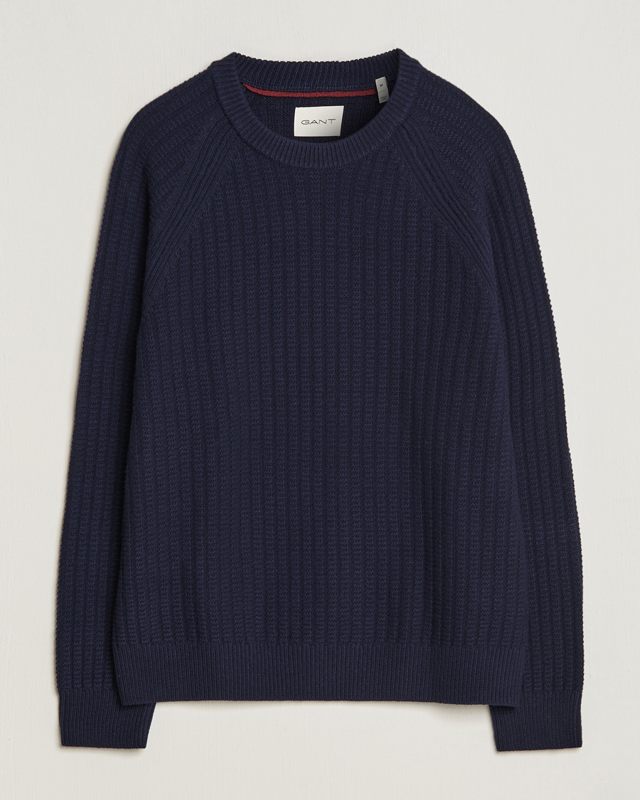 Herr | Tröjor | GANT | Textured Raglan Knitted Crew Neck Evening Blue