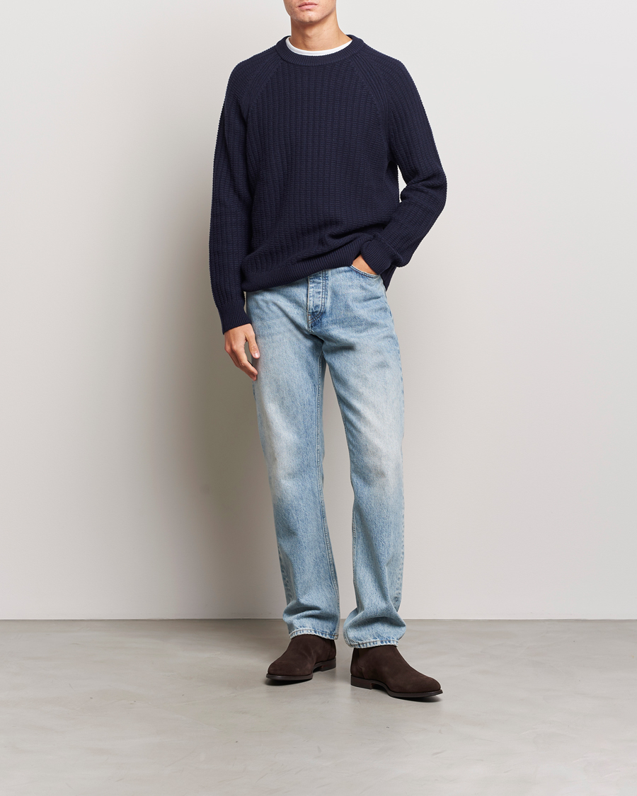 Herr | Tröjor | GANT | Textured Raglan Knitted Crew Neck Evening Blue