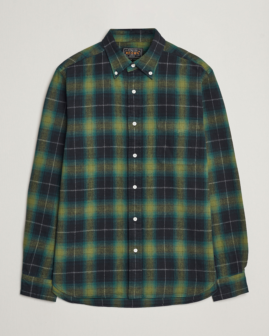 Herr | Skjortor | BEAMS PLUS | Shaggy Flannel Button Down Shirt Green Check