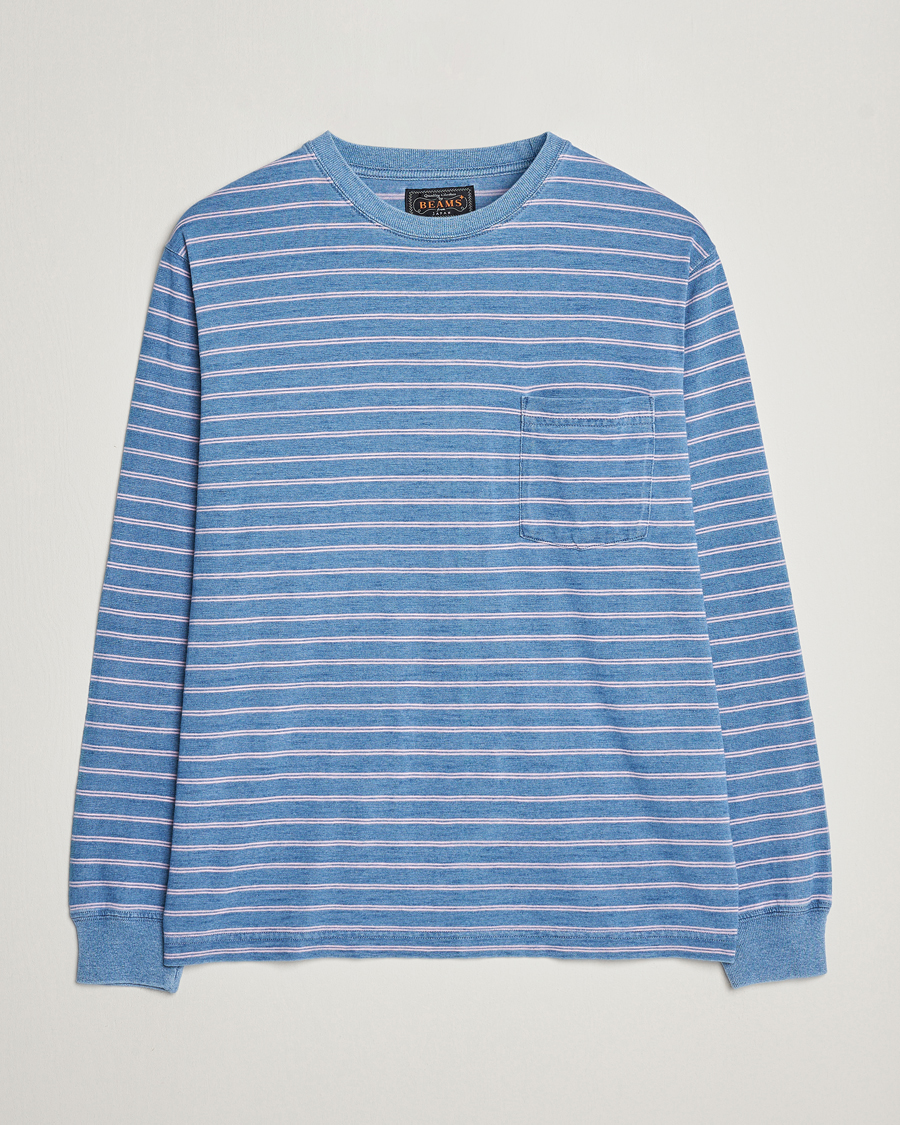 Herr | T-Shirts | BEAMS PLUS | Indigo Stripe Long Sleeve T-Shirt Light Blue