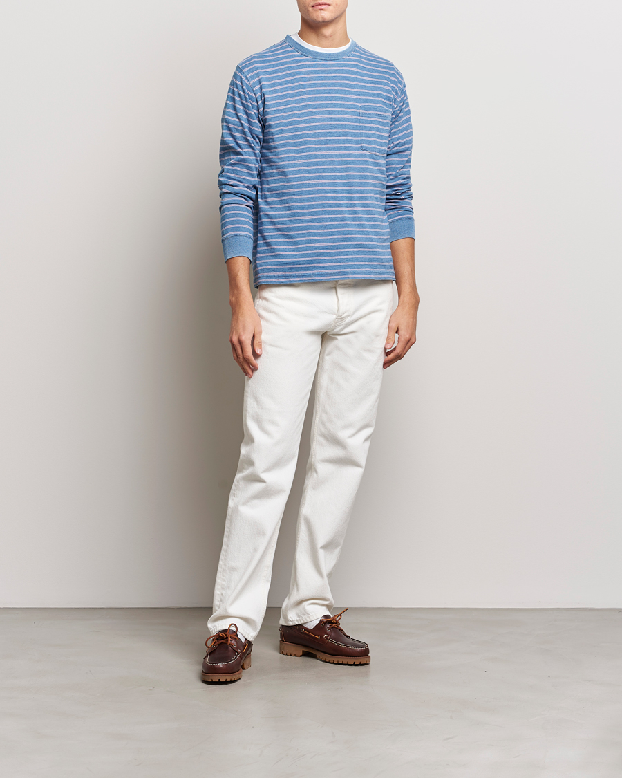 Herr | T-Shirts | BEAMS PLUS | Indigo Stripe Long Sleeve T-Shirt Light Blue