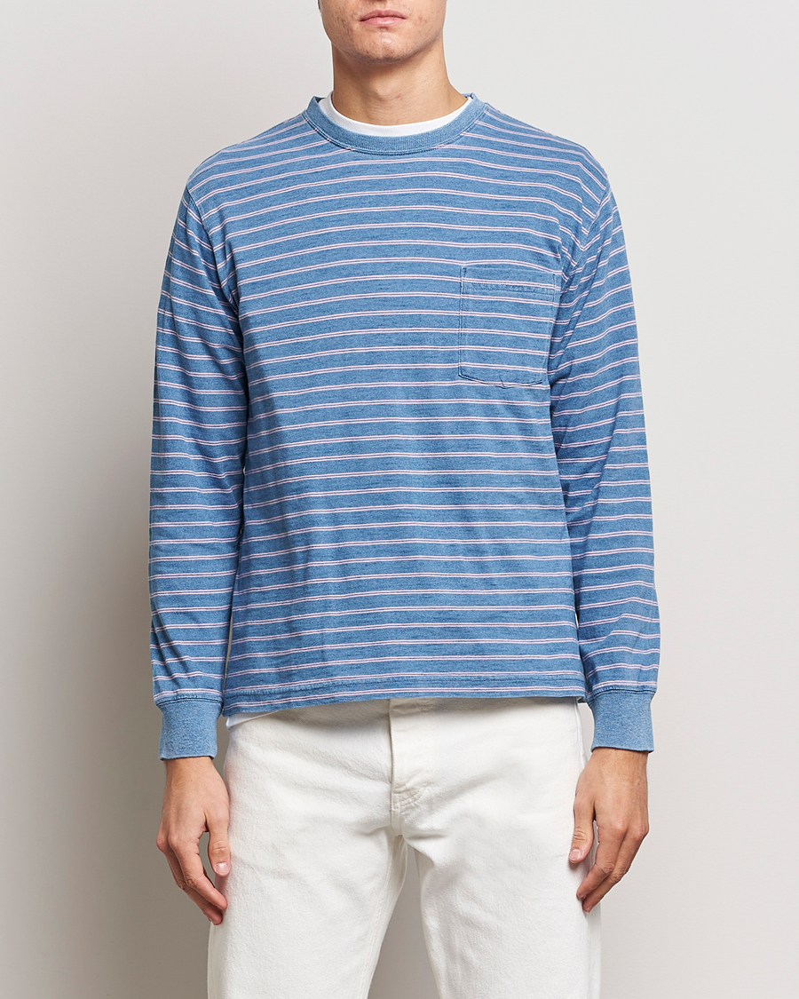 Herr | T-Shirts | BEAMS PLUS | Indigo Stripe Long Sleeve T-Shirt Light Blue