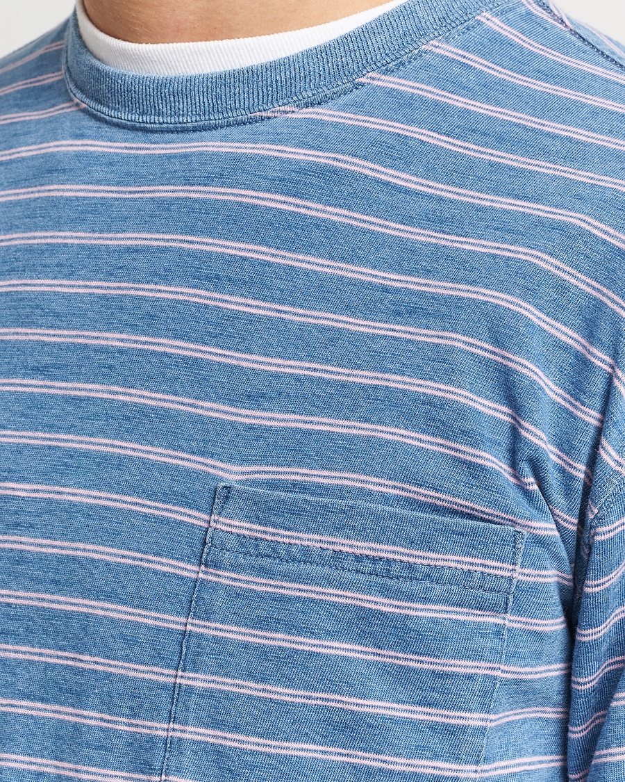 Herr | T-Shirts | BEAMS PLUS | Indigo Stripe Long Sleeve T-Shirt Light Blue