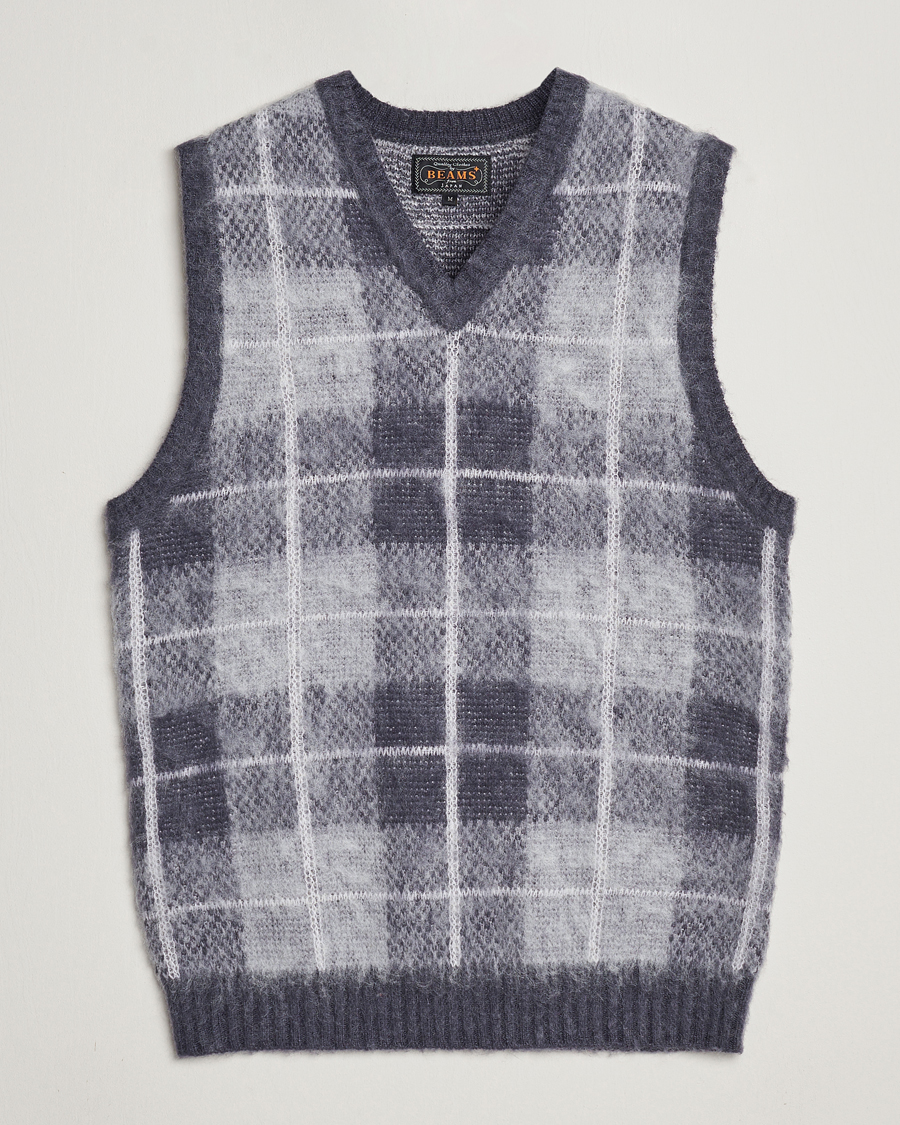 Herr | Tröjor | BEAMS PLUS | Check Mohair Vest Grey