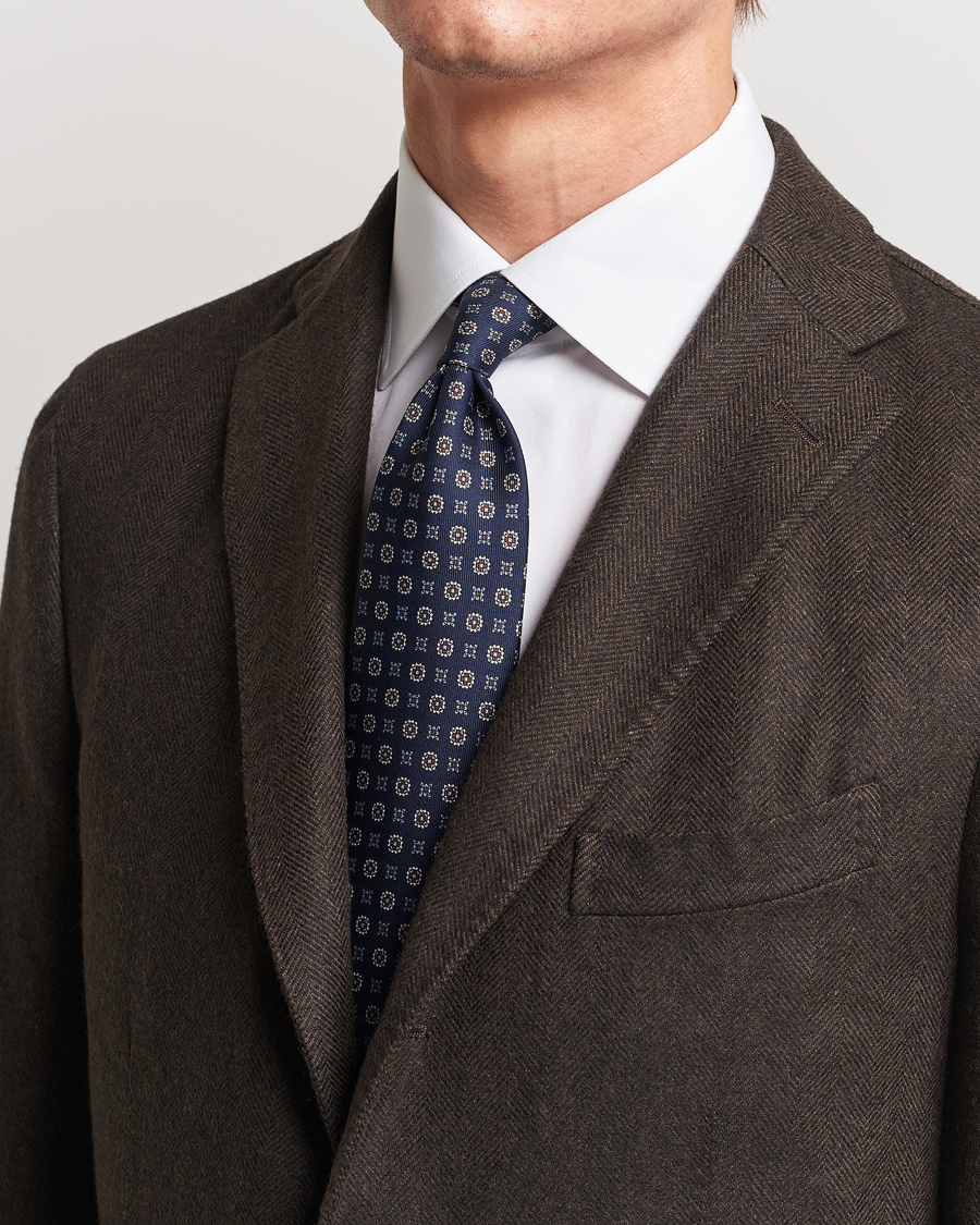 Herr | E. Marinella 3-Fold Printed Silk Tie Navy | E. Marinella | 3-Fold Printed Silk Tie Navy