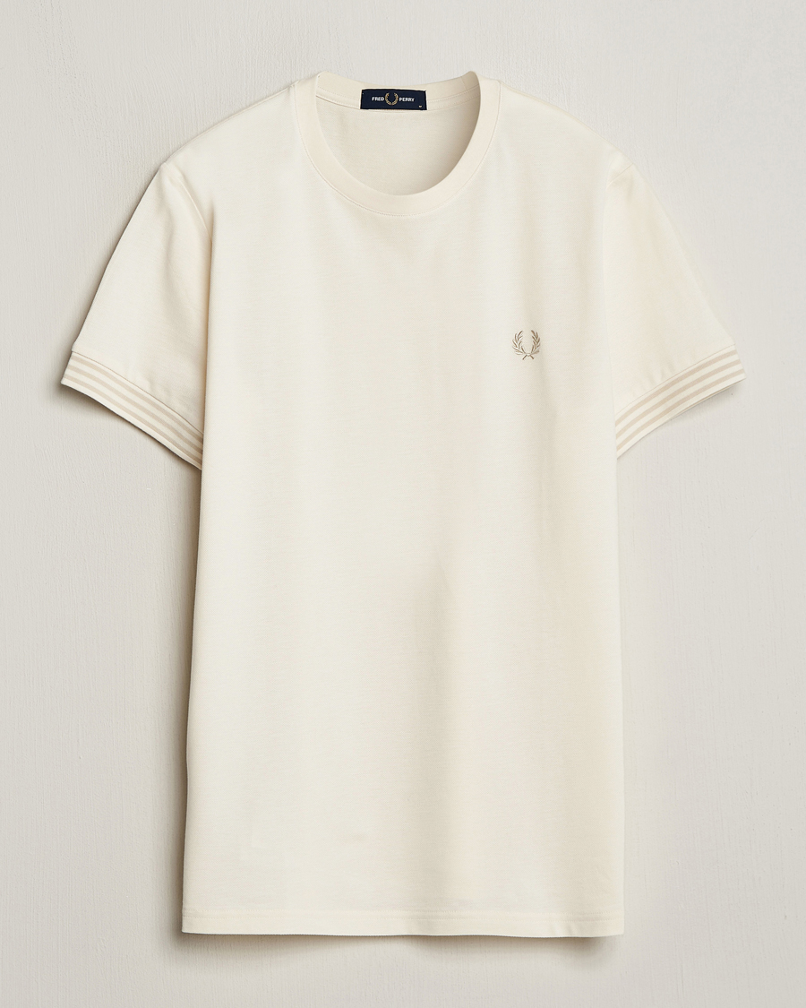 Herr | T-Shirts | Fred Perry | Striped Cuff Crew Neck T-Shirt Ecru