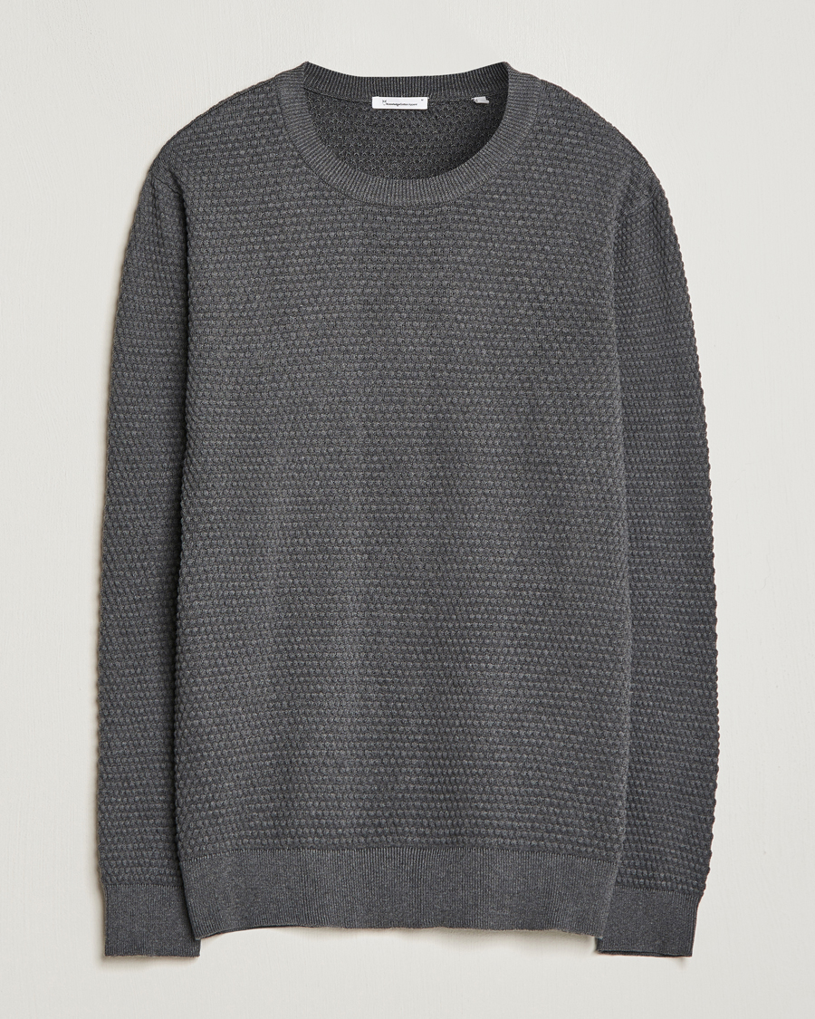 Herr | Tröjor | KnowledgeCotton Apparel | Vagn Bubble Knit Cotton Crew Neck Dark Grey Melange