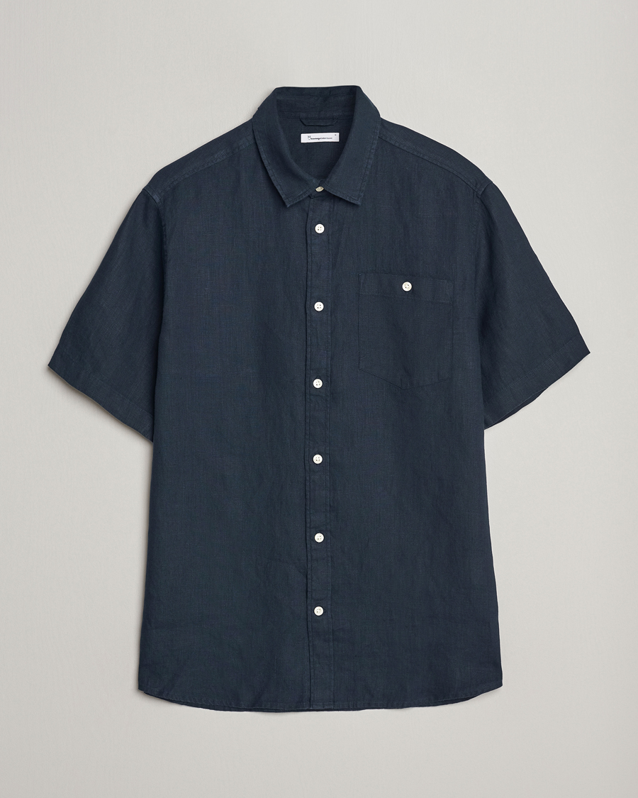 Herr | Skjortor | KnowledgeCotton Apparel | Regular Short Sleeve Linen Shirt Total Eclipse