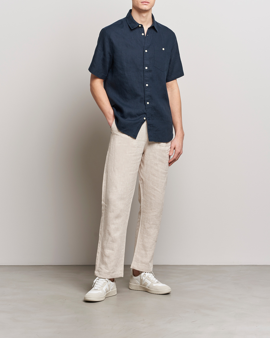 Herr | Skjortor | KnowledgeCotton Apparel | Regular Short Sleeve Linen Shirt Total Eclipse