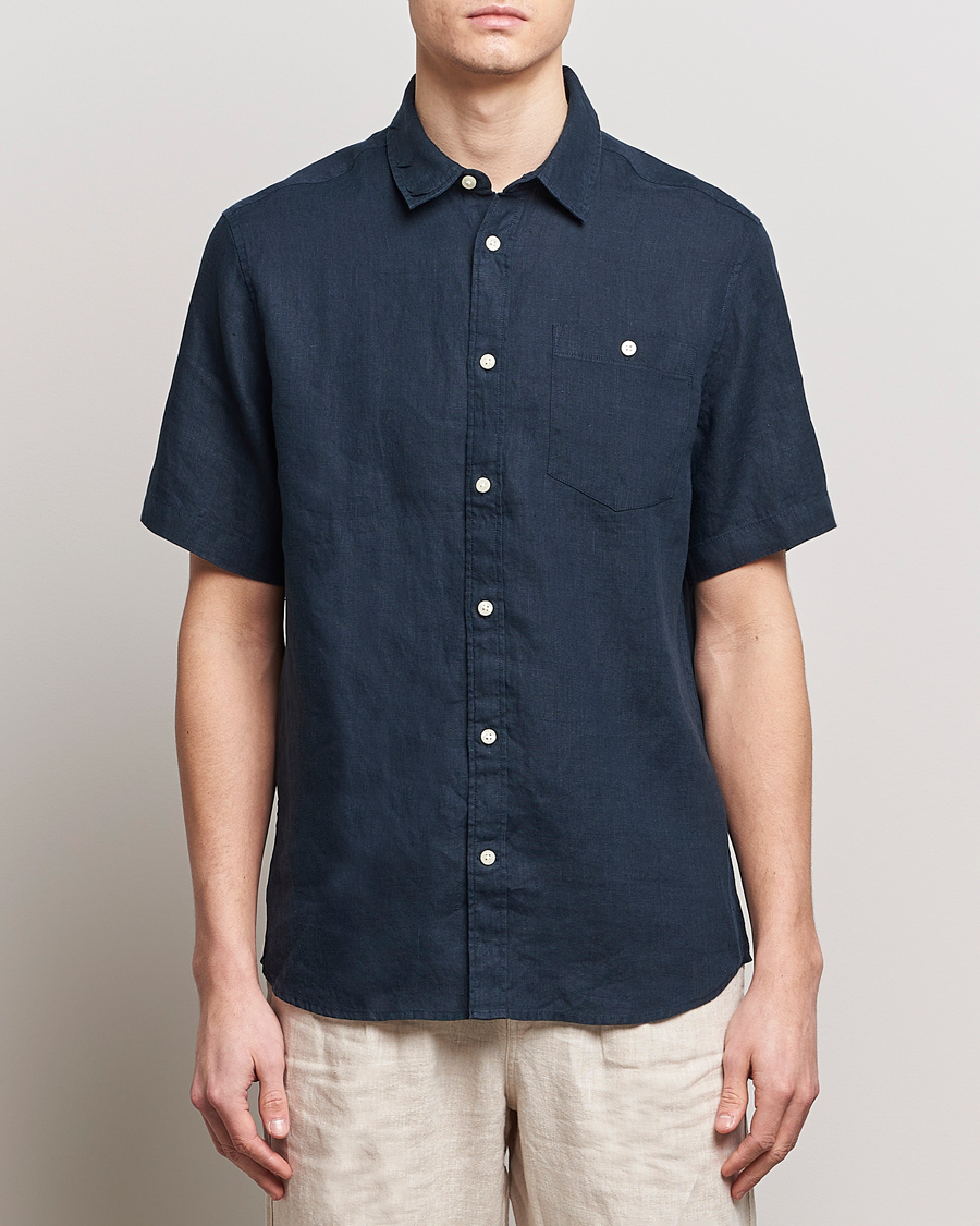 Herr | Skjortor | KnowledgeCotton Apparel | Regular Short Sleeve Linen Shirt Total Eclipse