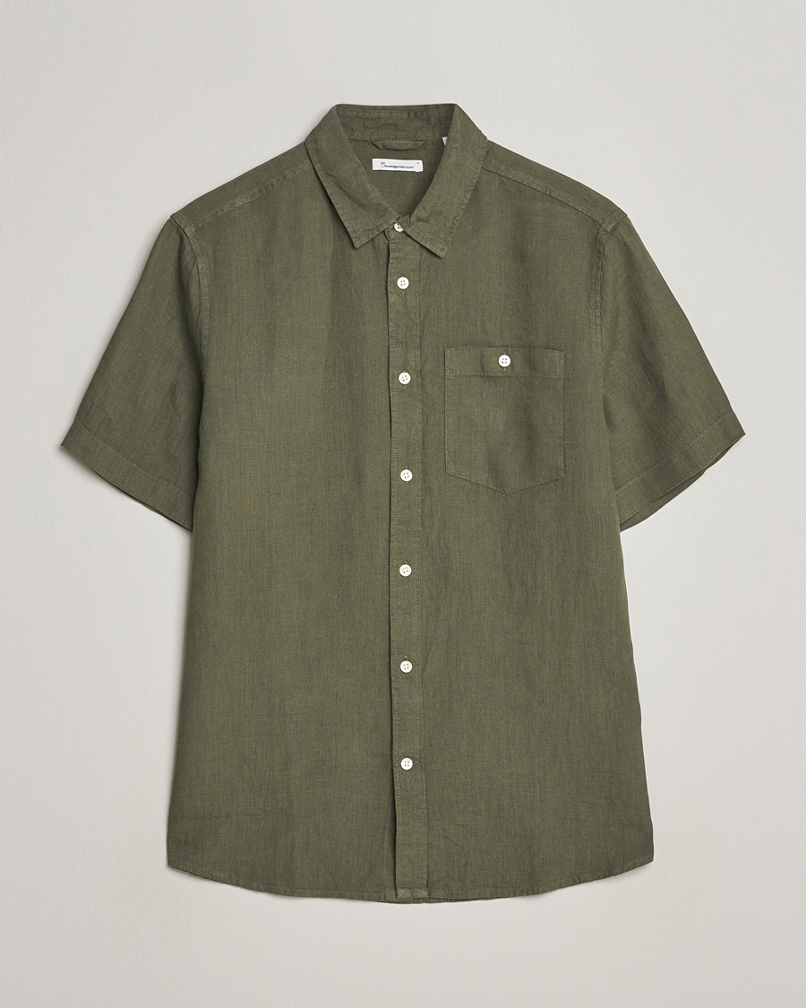 Herr | Skjortor | KnowledgeCotton Apparel | Regular Short Sleeve Linen Shirt Burned Olive