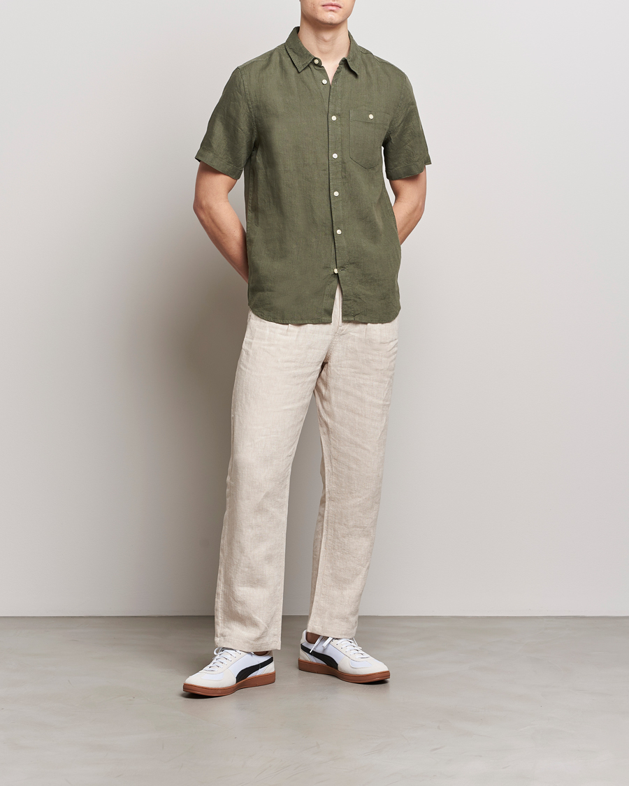 Herr | Skjortor | KnowledgeCotton Apparel | Regular Short Sleeve Linen Shirt Burned Olive