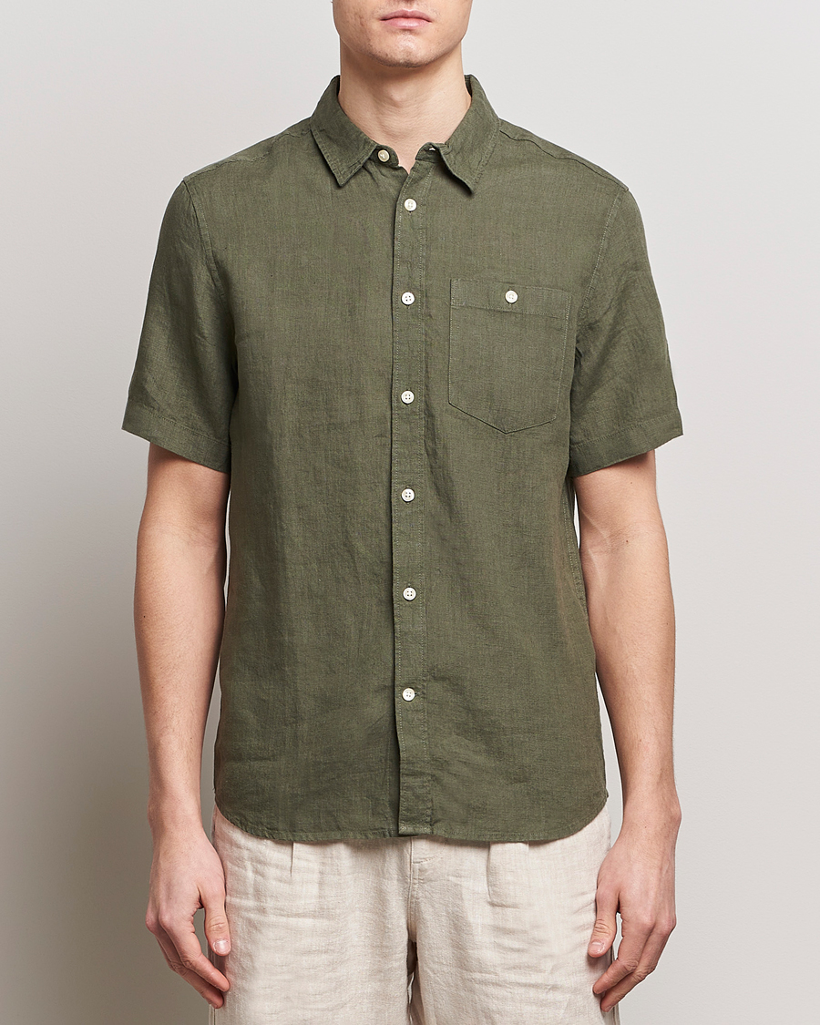 Herr | Summer | KnowledgeCotton Apparel | Regular Short Sleeve Linen Shirt Burned Olive