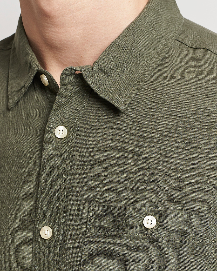 Herr | Skjortor | KnowledgeCotton Apparel | Regular Short Sleeve Linen Shirt Burned Olive