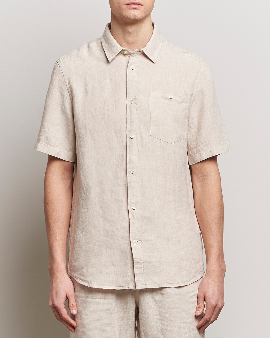 Herr | Kortärmade skjortor | KnowledgeCotton Apparel | Regular Short Sleeve Linen Shirt Yarndyed Beige