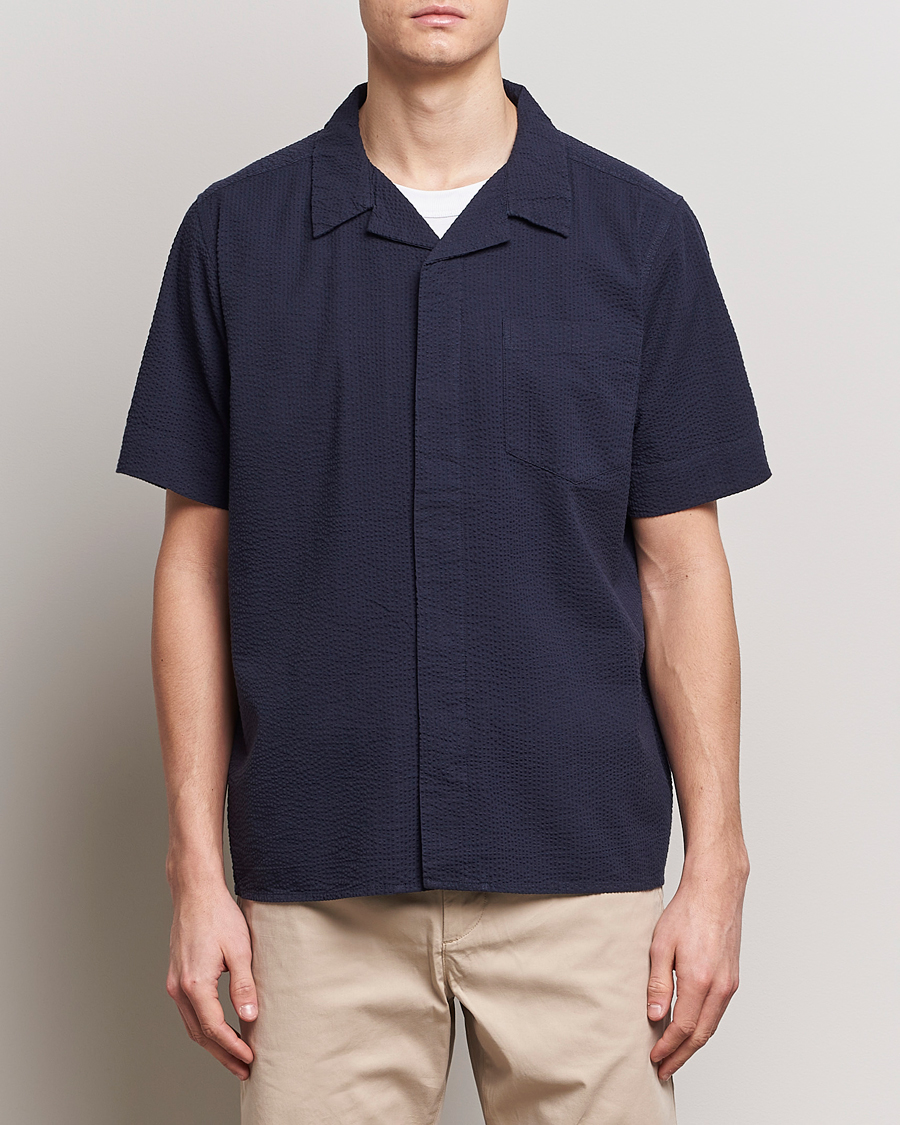 Herr | Skjortor | KnowledgeCotton Apparel | Short Sleeve Seersucker Shirt Night Sky