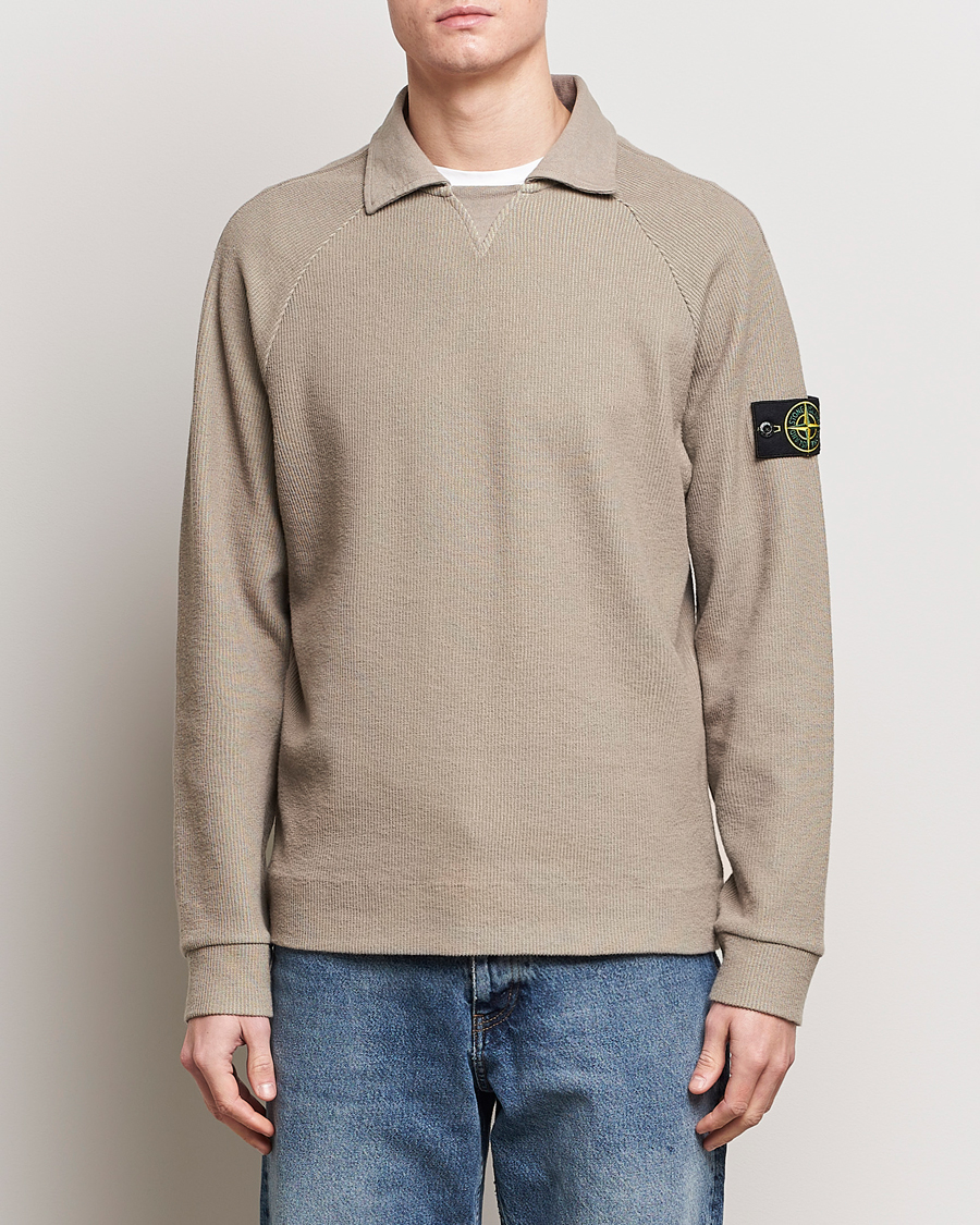 Herre |  | Stone Island | Cotton Nylon Ribbed Fleece Poloshirt Dove Grey