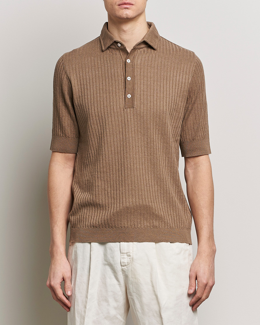 Herre |  | Lardini | Structured Linen/Cotton Polo Brown