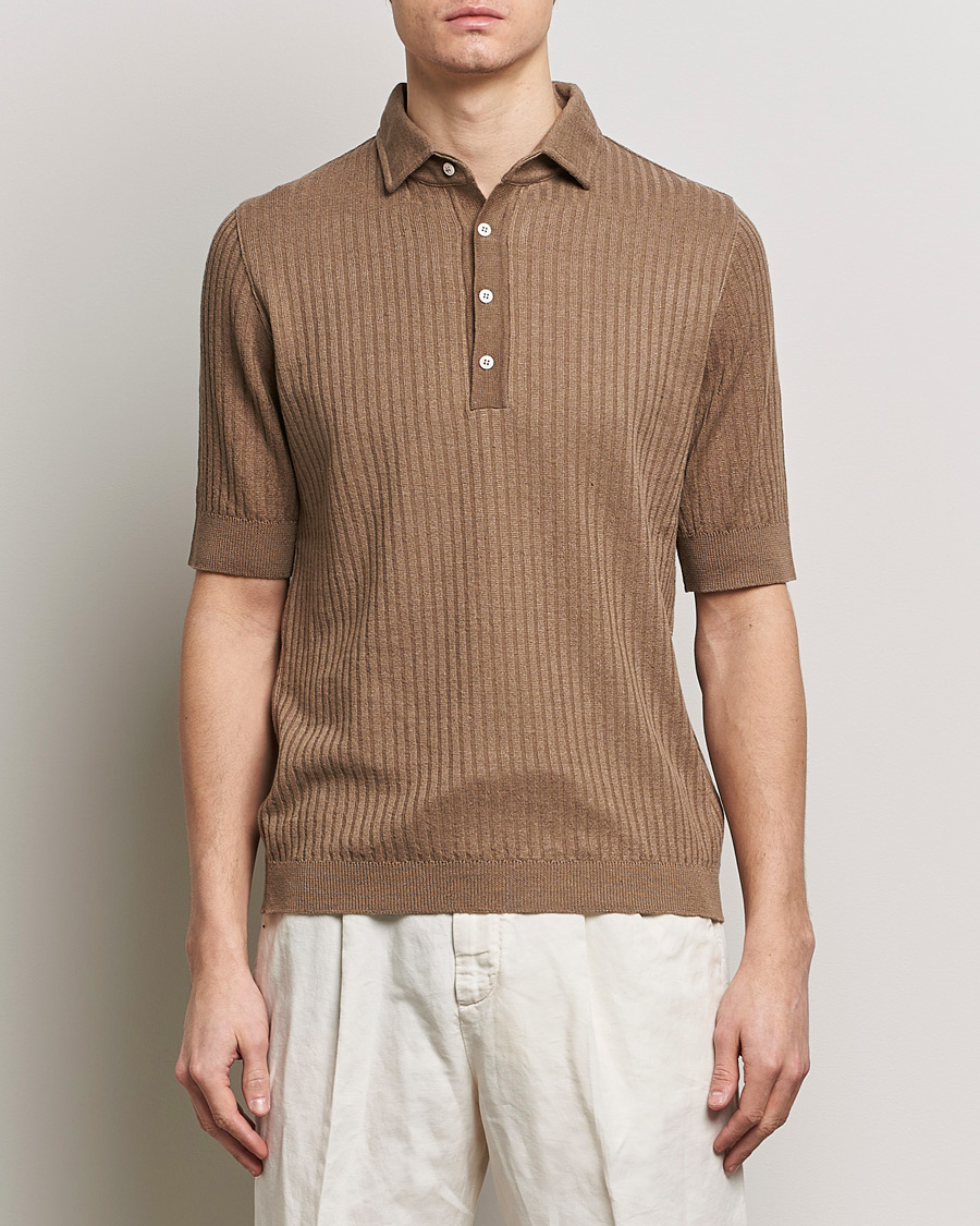 Herr | Kortärmade pikéer | Lardini | Structured Linen/Cotton Polo Brown