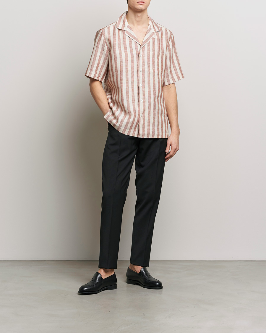 Herr | Skjortor | Lardini | Striped Short Sleeve Linen Shirt Beige/Red