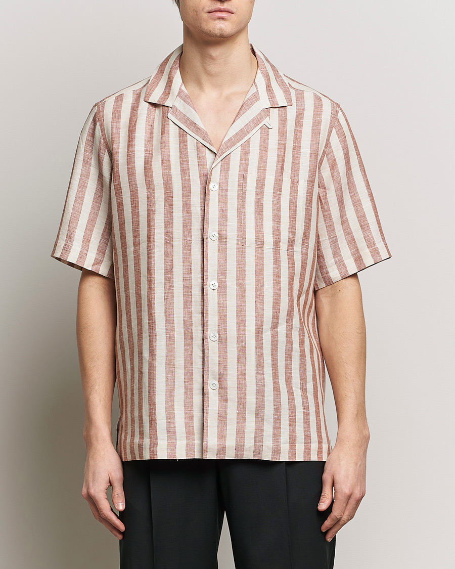 Herr | Summer | Lardini | Striped Short Sleeve Linen Shirt Beige/Red