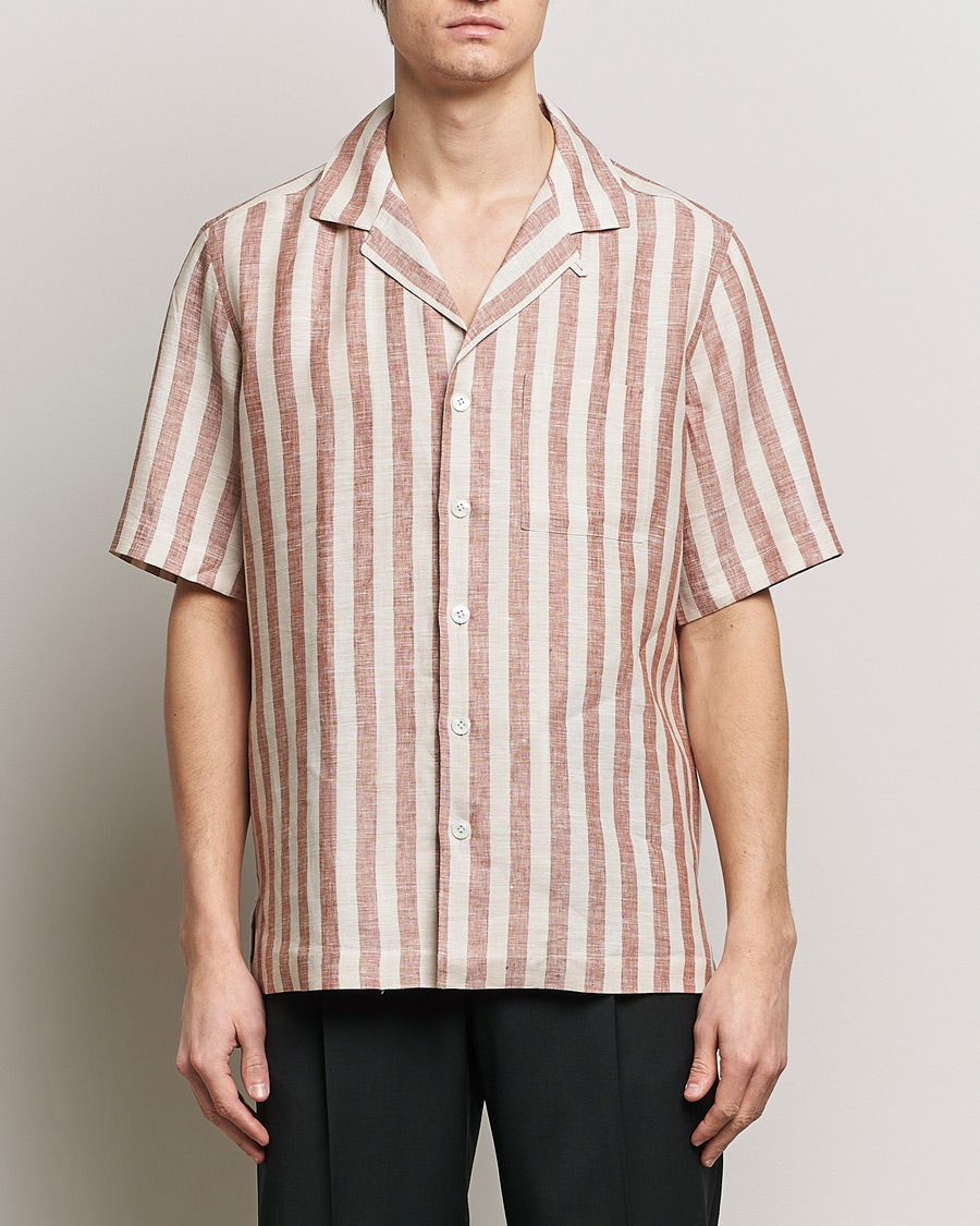 Herr | Casual | Lardini | Striped Short Sleeve Linen Shirt Beige/Red