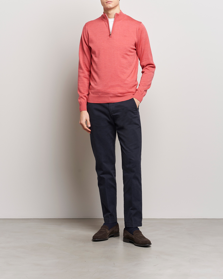Herr | Tröjor | Stenströms | Merino Wool Half Zip Coral Red