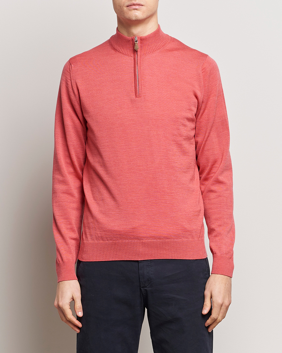 Herr | Tröjor | Stenströms | Merino Wool Half Zip Coral Red