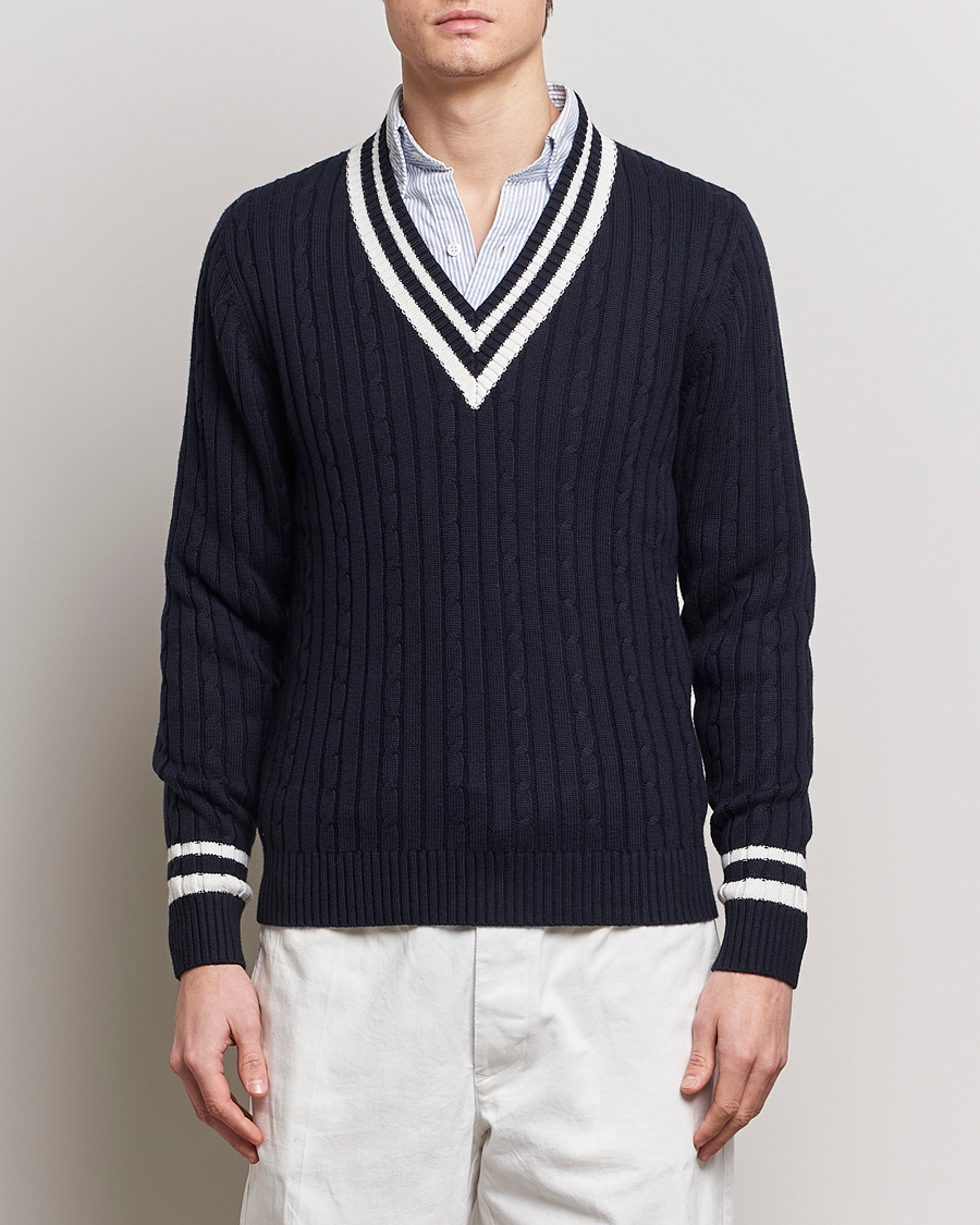 Herr | Business & Beyond | Stenströms | Cotton/Cashmere Cable V-Neck Navy