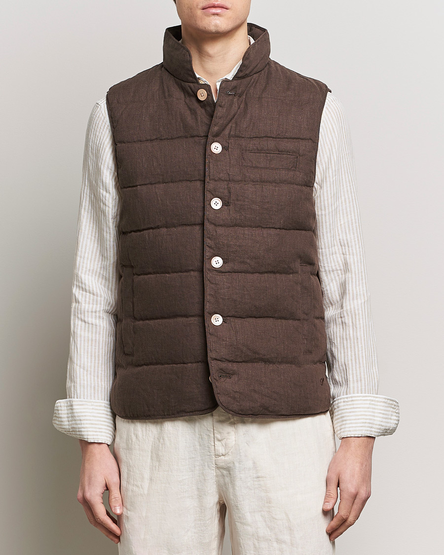 Herr | Västar | Stenströms | Linen Down Padded Button Vest Brown