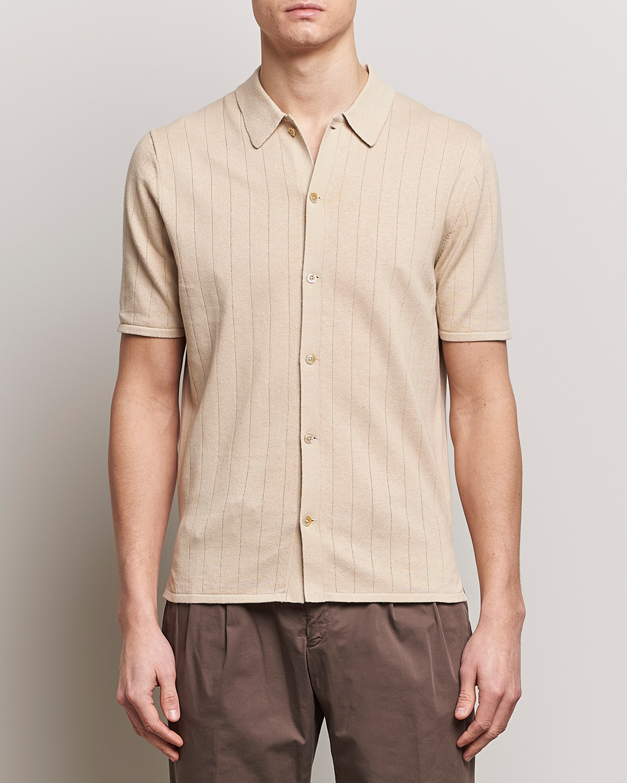 Herr | Business & Beyond | Stenströms | Linen/Cotton Rib Knitted Buttonthru Shirt Beige