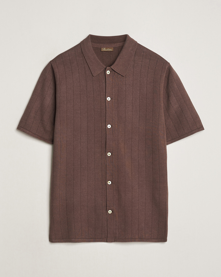 Herr | Pikéer | Stenströms | Linen/Cotton Rib Knitted Buttonthru Shirt Brown