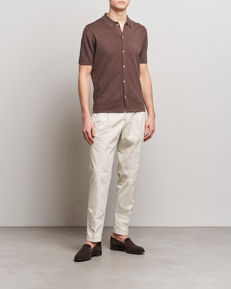 Herr | Pikéer | Stenströms | Linen/Cotton Rib Knitted Buttonthru Shirt Brown
