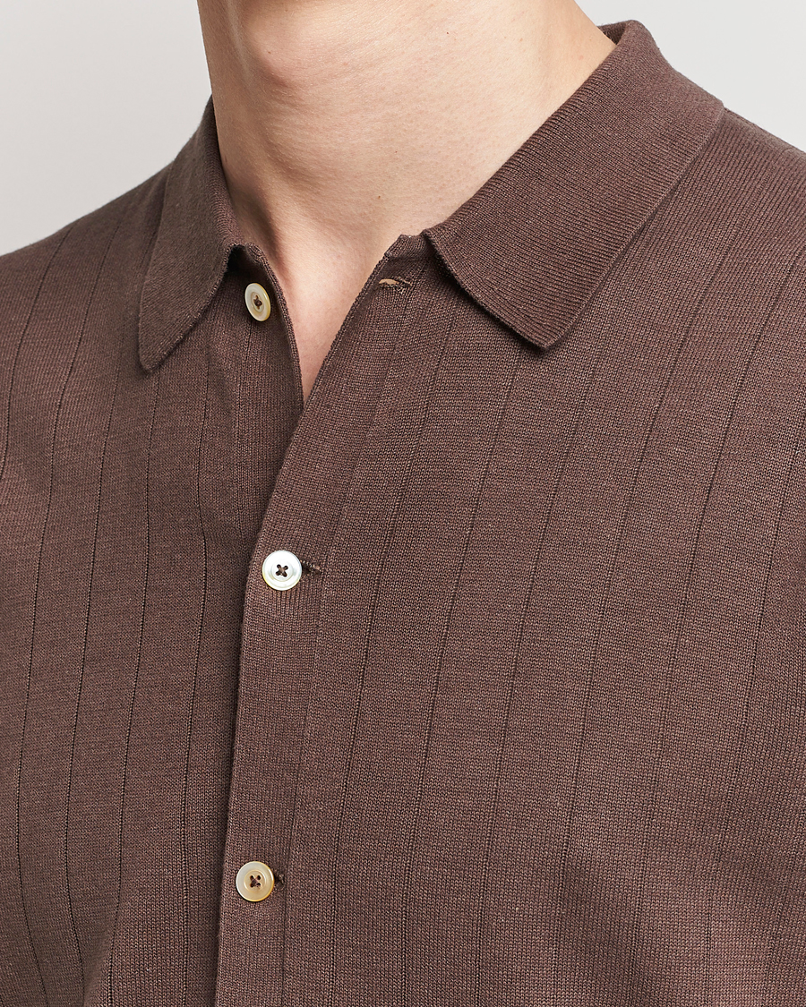 Herr | Pikéer | Stenströms | Linen/Cotton Rib Knitted Buttonthru Shirt Brown