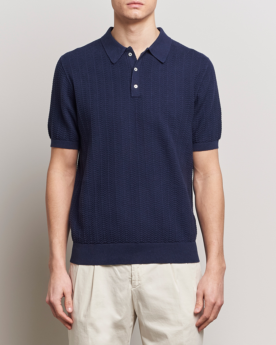 Herre |  | Stenströms | Linen/Cotton Crochet Knitted Polo Shirt Navy