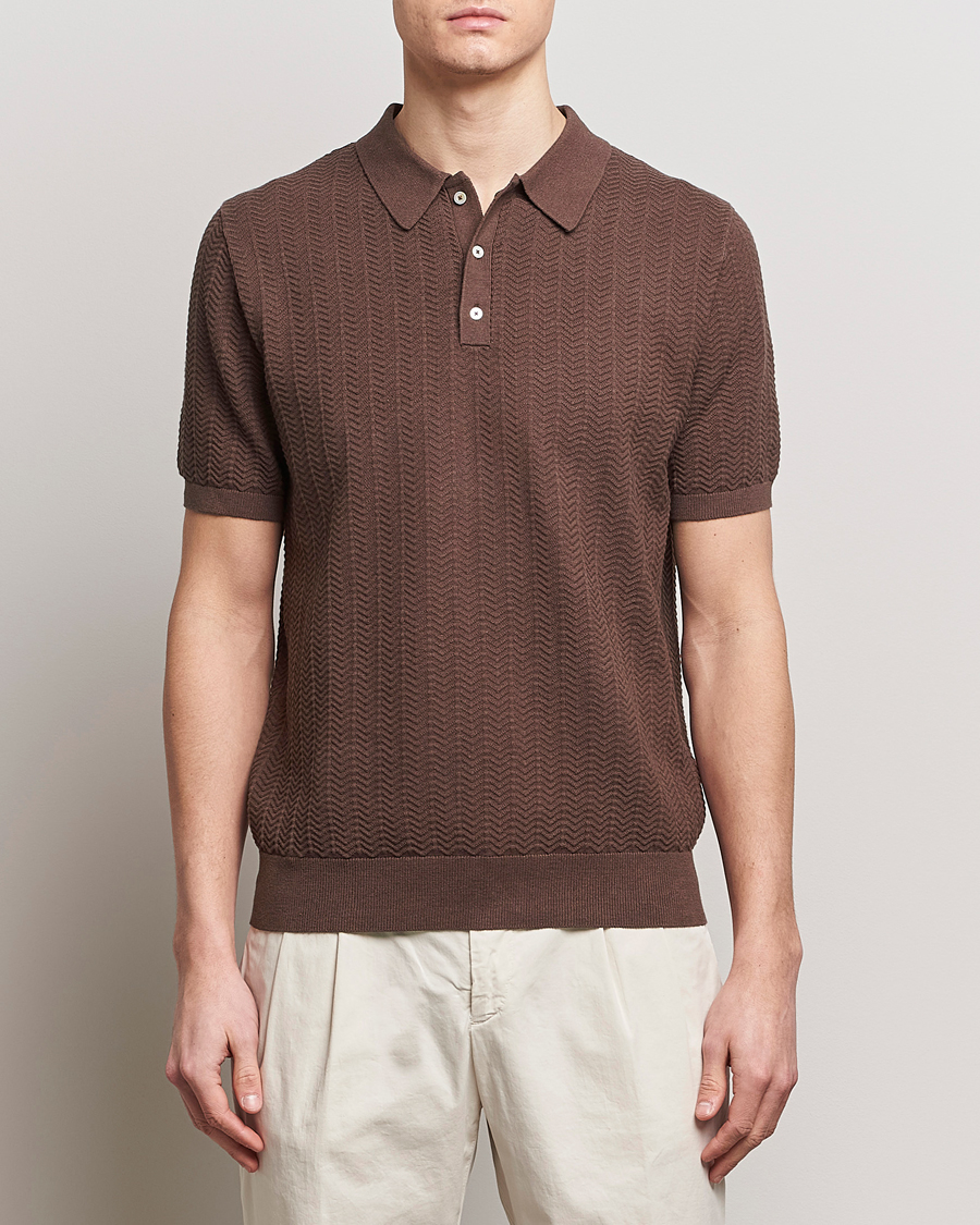 Herr | Kortärmade pikéer | Stenströms | Linen/Cotton Crochet Knitted Polo Shirt Brown