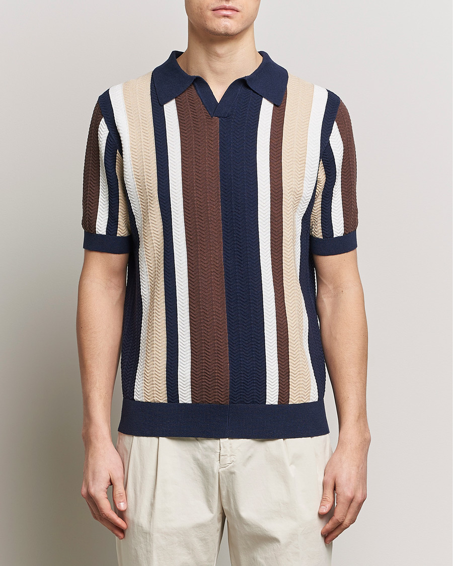 Herr | Kortärmade pikéer | Stenströms | Linen/Cotton Striped Crochet Knitted Polo Multi