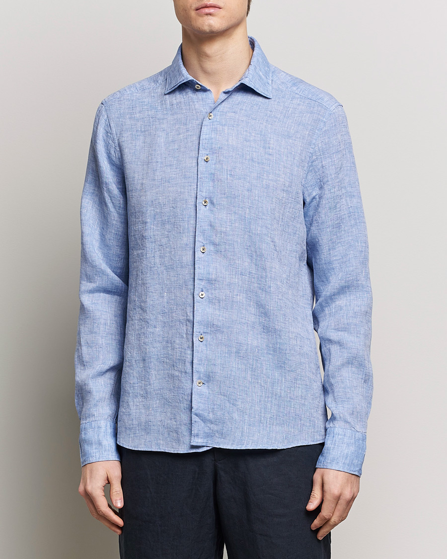Herr | Skjortor | Stenströms | Slimline Cut Away Linen Shirt Blue