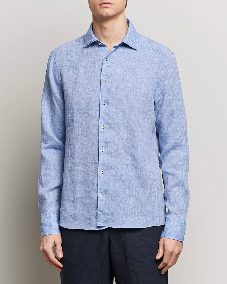 Herr | Business & Beyond | Stenströms | Slimline Cut Away Linen Shirt Blue