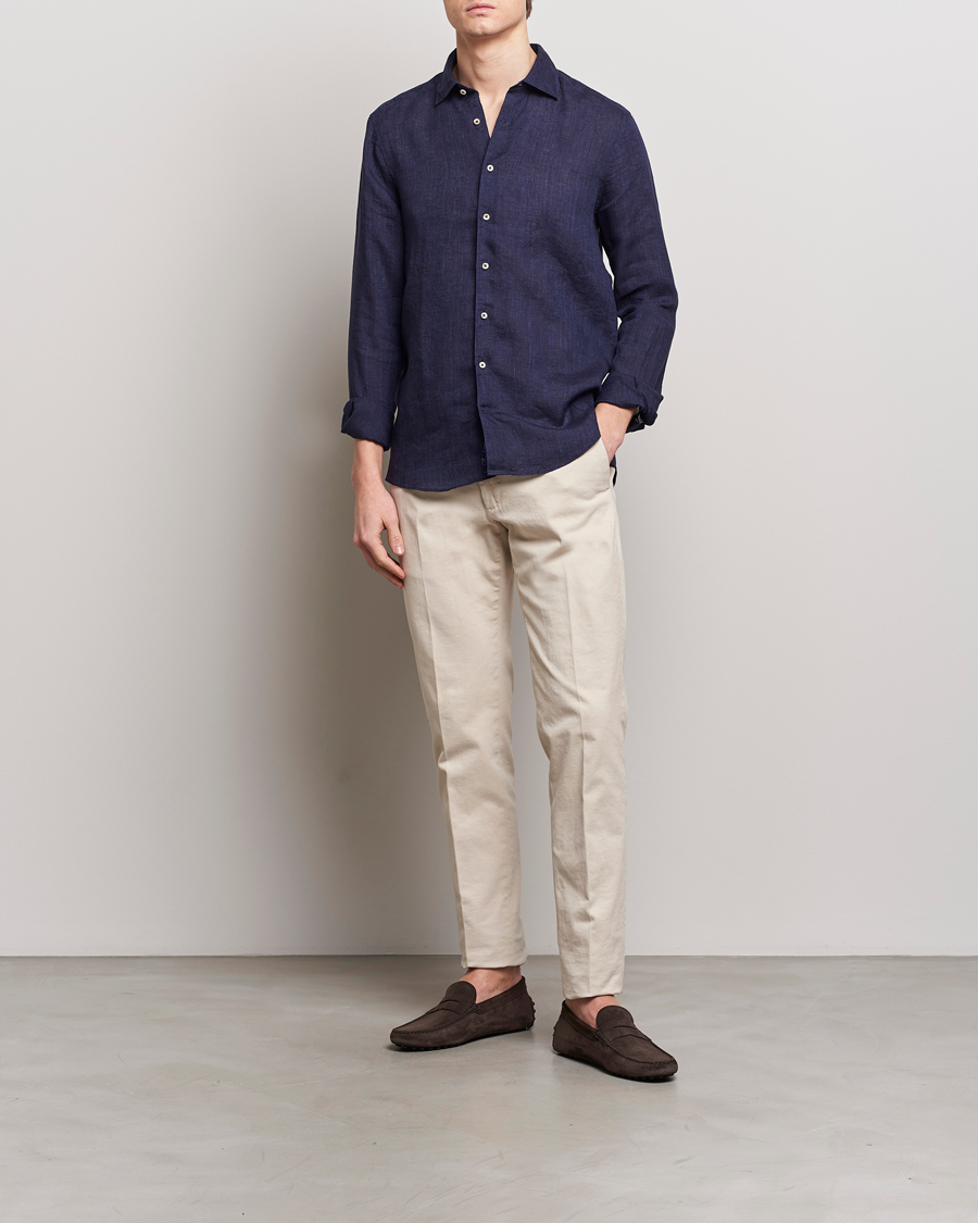 Herr | Skjortor | Stenströms | Slimline Cut Away Linen Shirt Navy