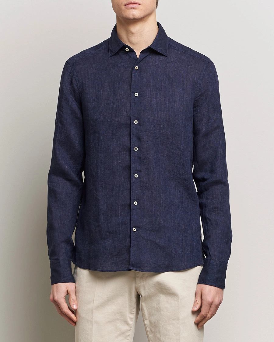 Herr | Business & Beyond | Stenströms | Slimline Cut Away Linen Shirt Navy