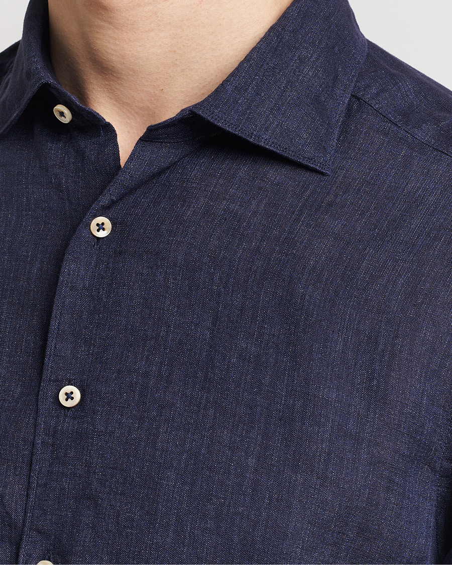 Herr | Skjortor | Stenströms | Slimline Cut Away Linen Shirt Navy