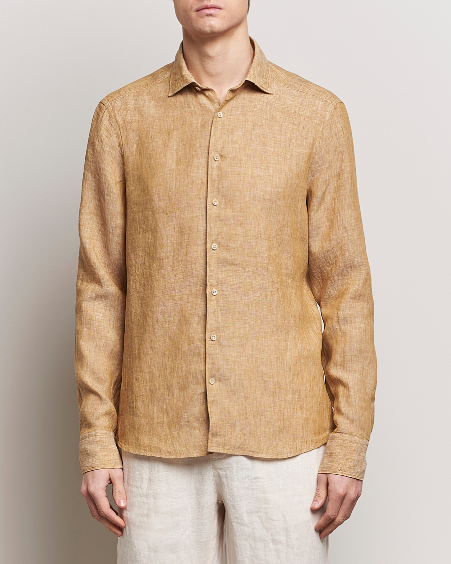 Herr | Casual | Stenströms | Slimline Cut Away Linen Shirt Brown