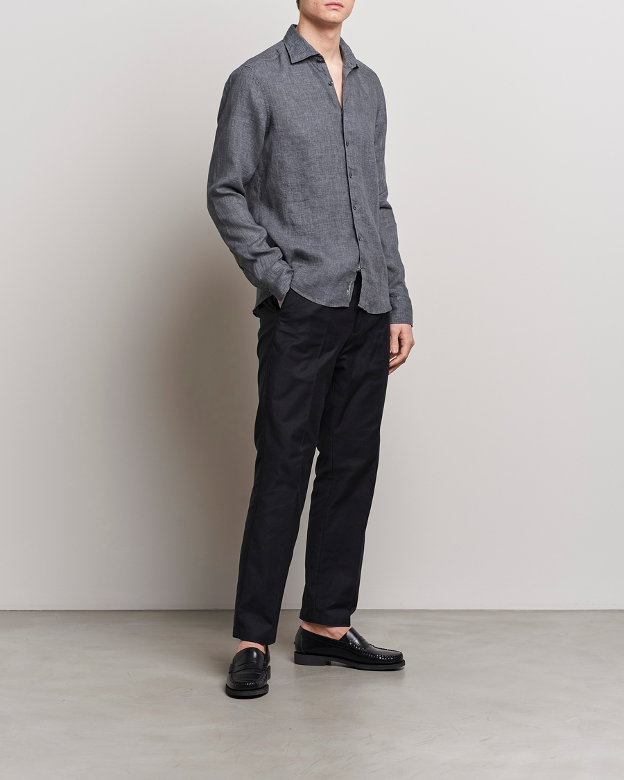 Herr | Skjortor | Stenströms | Slimline Cut Away Linen Shirt Dark Grey