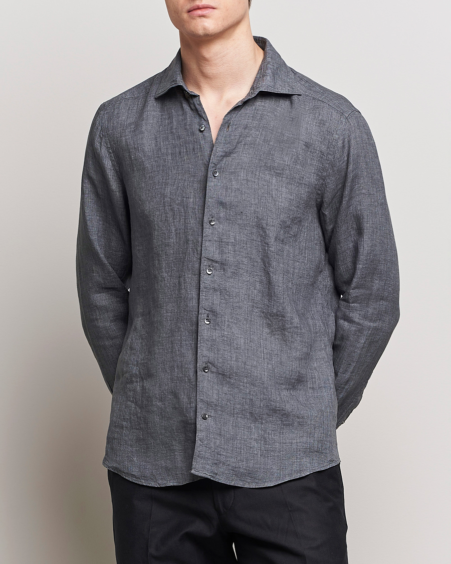 Herr | Skjortor | Stenströms | Slimline Cut Away Linen Shirt Dark Grey