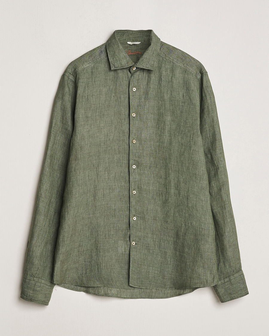 Herr | Skjortor | Stenströms | Slimline Cut Away Linen Shirt Olive